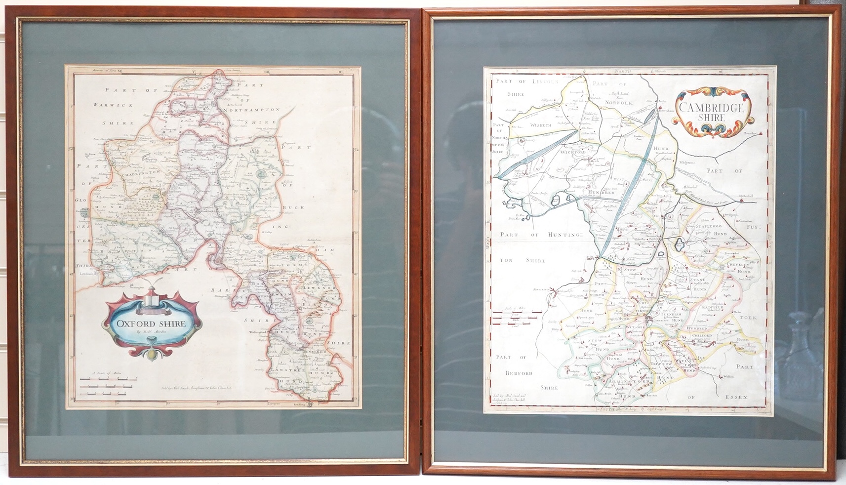 After Robert Morden, Two hand coloured engraved maps comprising: Oxfordshire and Cambridgeshire, sold by Abel Swale, Awnsham and John Churchill, 42 x 36cm